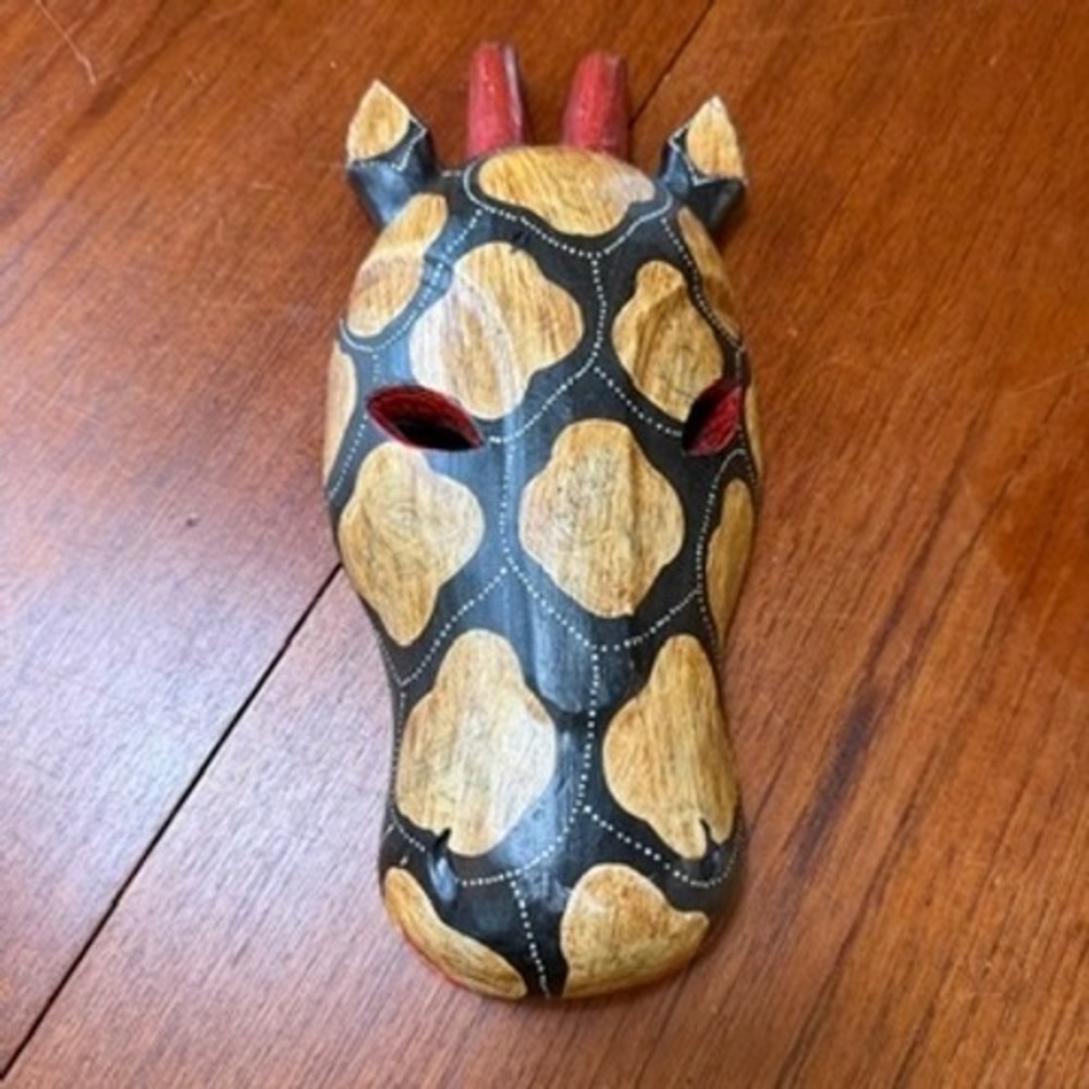 Hand Carved Wooden Giraffe Mask Hand Painted Tribal Safari Wall Art 12 Inch